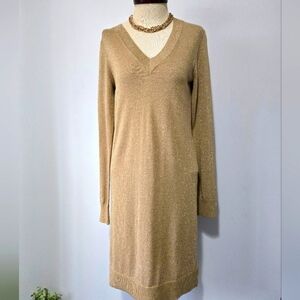 Michael Kors Lightweight Metallic Gold Knit V Neck Midi Dress. Size Small